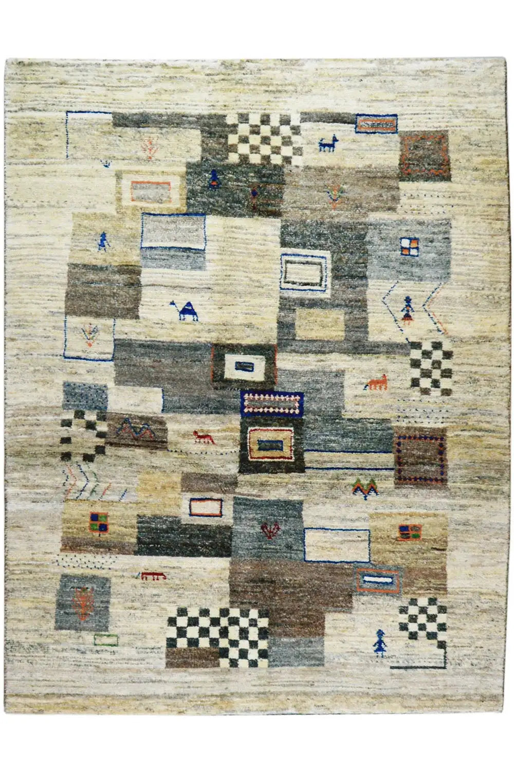 Rug with a beige base, geometric squares and blue details, rectangular