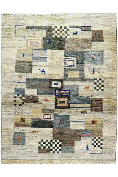 Rug with a beige base, geometric squares and blue details, rectangular