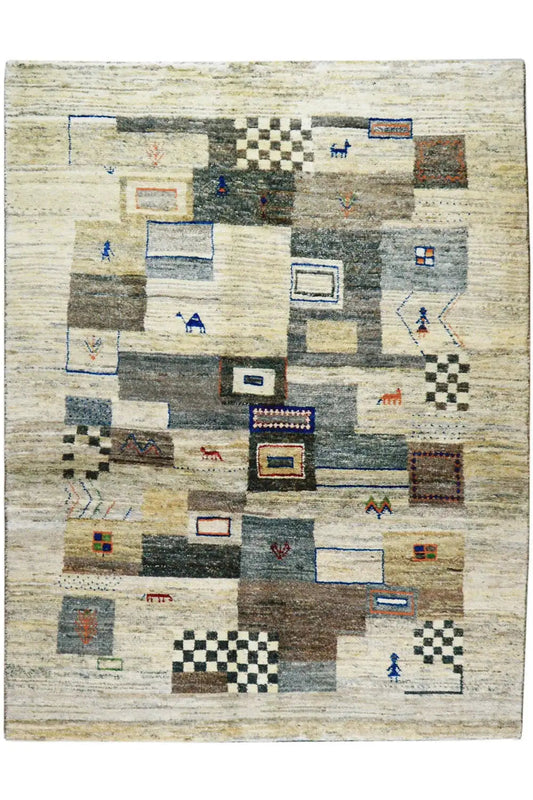 Rug with a beige base, geometric squares and blue details, rectangular