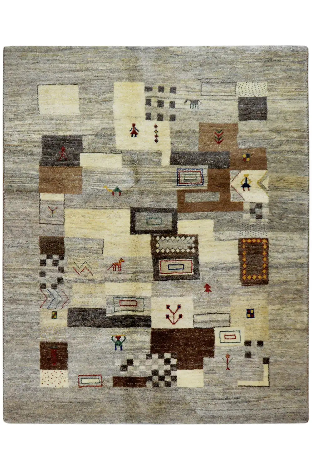 Gabbeh rug 191x151 cm: geometric all-over pattern in gray, beige and brown