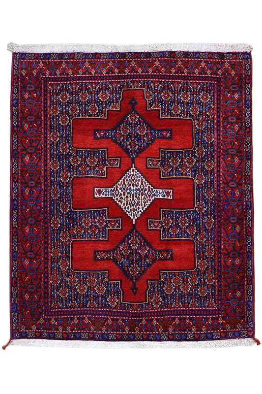 Rug, rectangular: red border, blue field with star-shaped medallions and ornaments.
