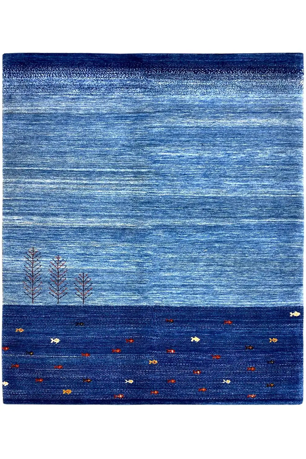 Blue Lori Gabbeh rug with a dark border and tree/dot motifs, 193x150 cm