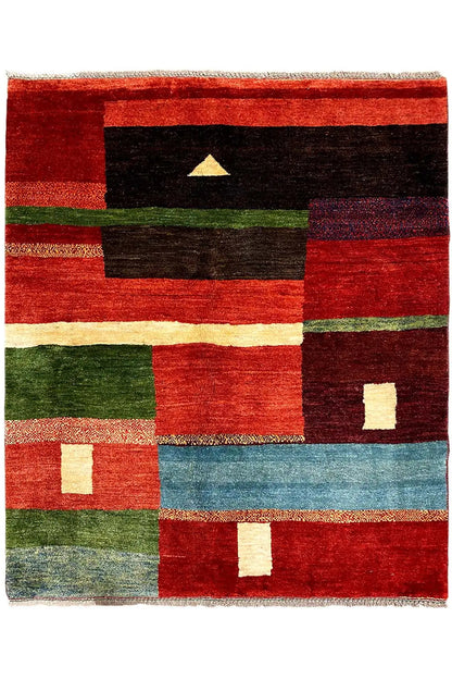 Gabbeh rug with a geometric pattern in red, green, black, and blue, square