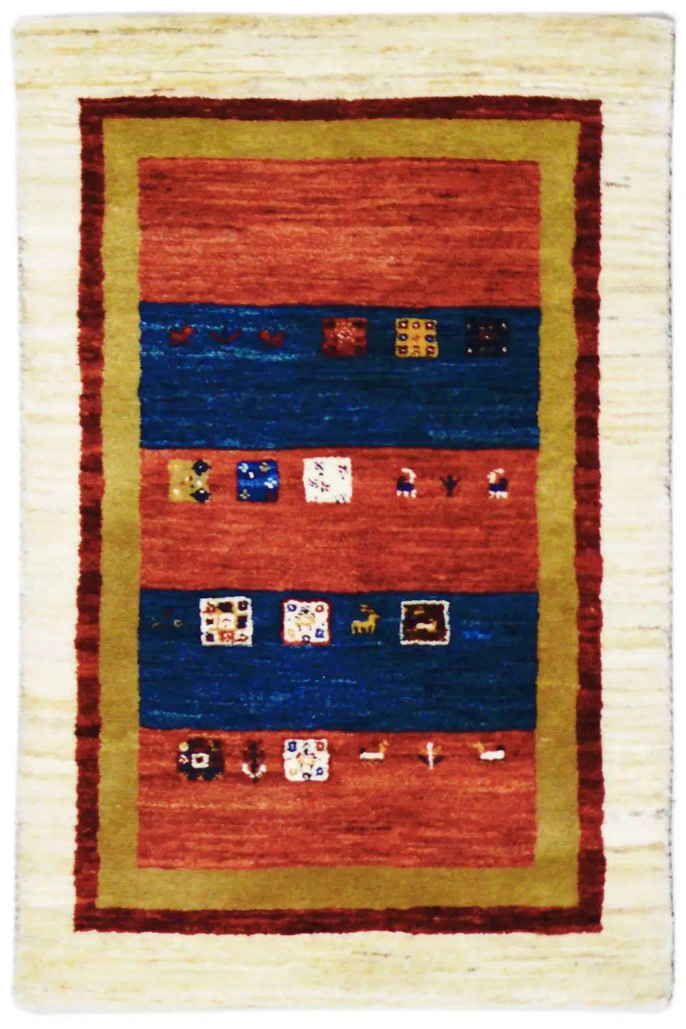 Gabbeh rug with red and blue striped pattern, cream-colored border, 93x59 cm