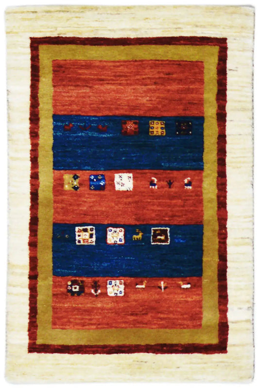 Gabbeh rug with red and blue striped pattern, cream-colored border, 93x59 cm