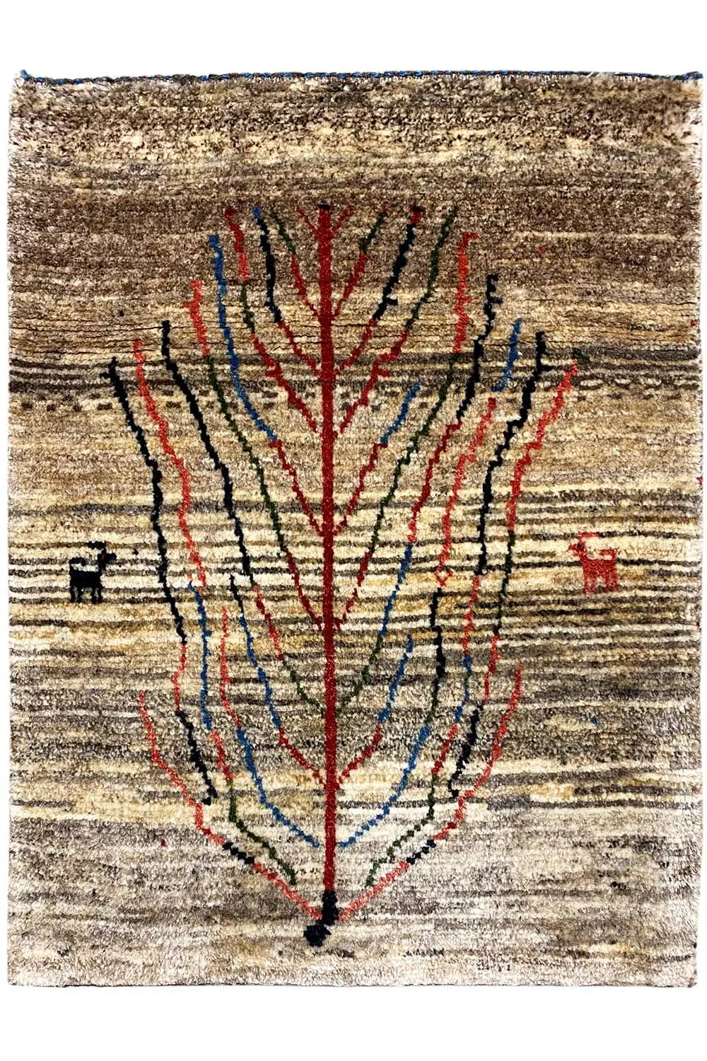 Gabbeh rug 85x64 cm, tree design in red/blue on a beige background, fringes