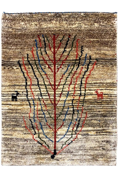 Gabbeh rug 85x64 cm, tree design in red/blue on a beige background, fringes