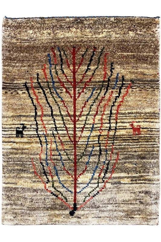 Gabbeh rug 85x64 cm, tree design in red/blue on a beige background, fringes