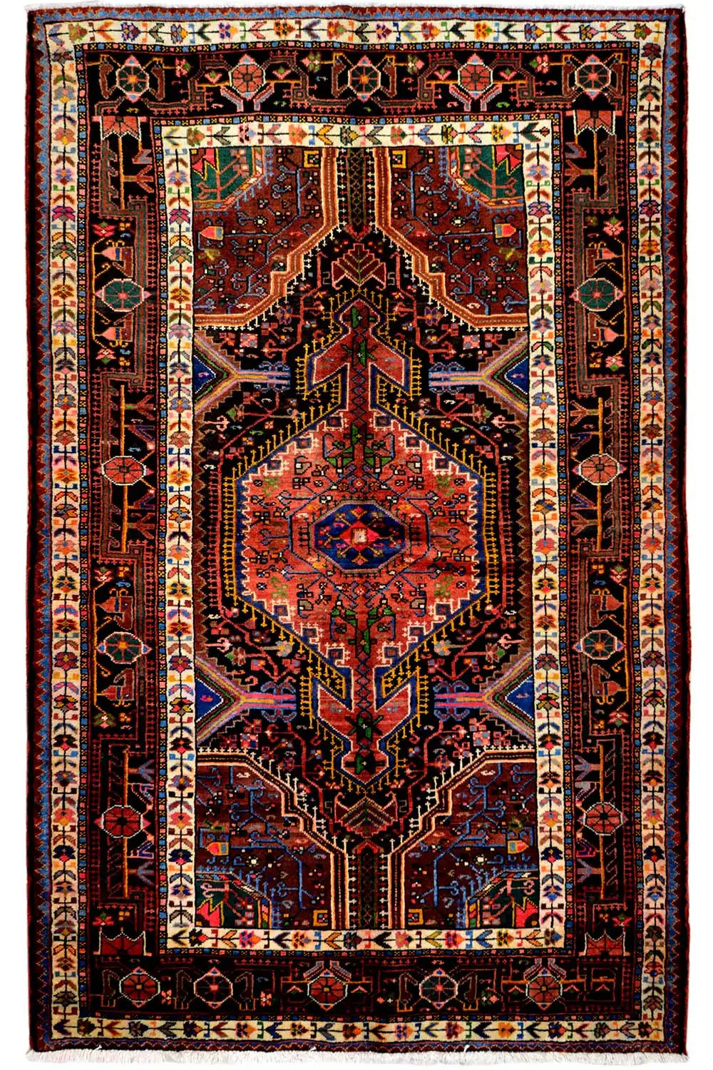 Hamadan rug with a red medallion and geometric border, featuring colorful patterns