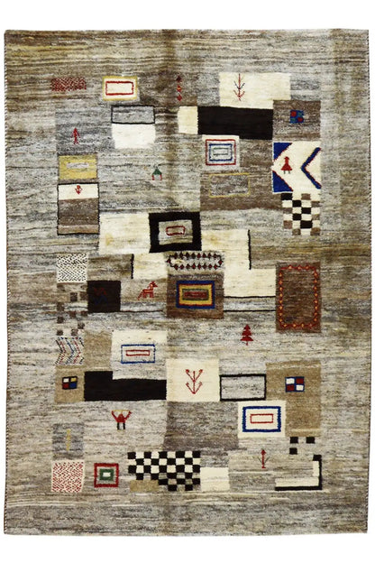 Gabbeh rug 210x150 cm with geometric patchwork motifs, gray with red/blue accents