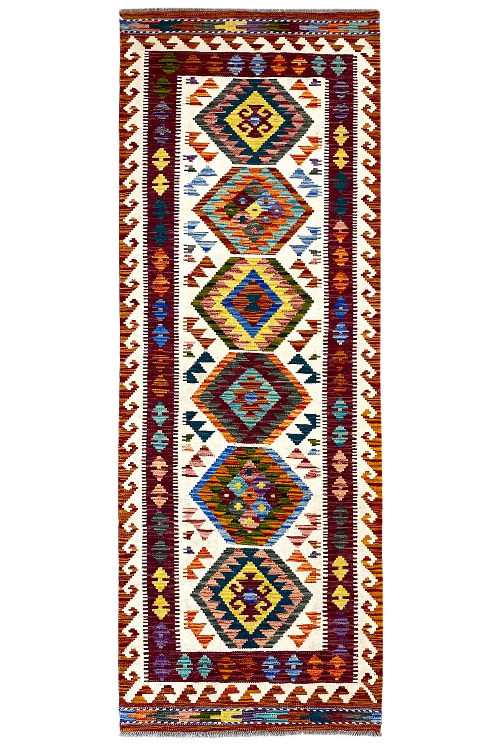 Afghan kilim runner with a colorful geometric pattern, border, and fringes