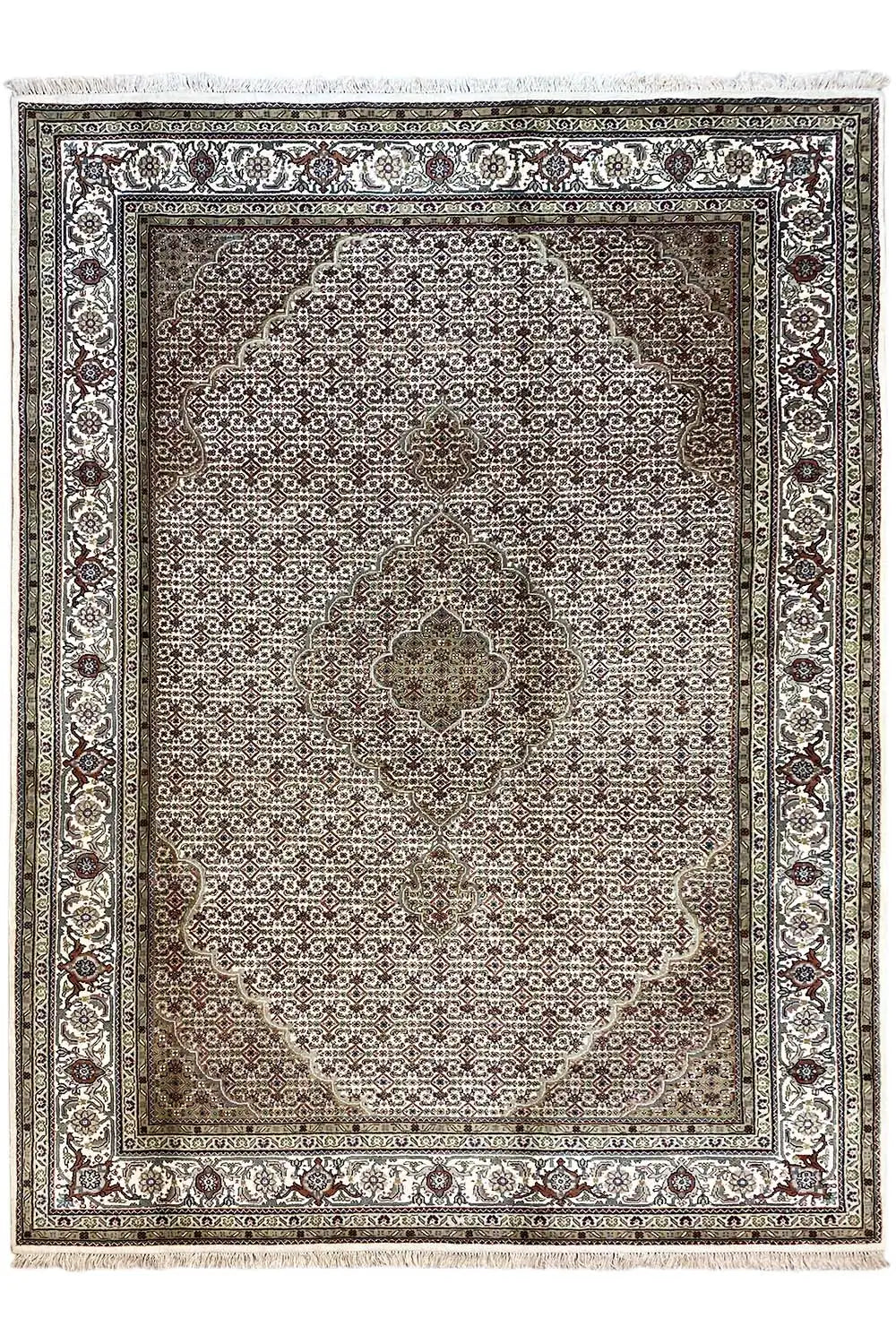 Indo Tabriz rug: gray-beige background with ornaments, dark border, 293x201 cm.