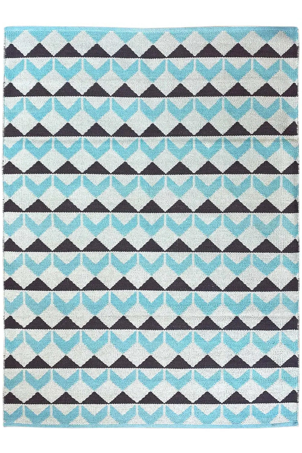Kilim rug with a striped pattern of zigzag arcs and triangles in turquoise, white, and dark brown