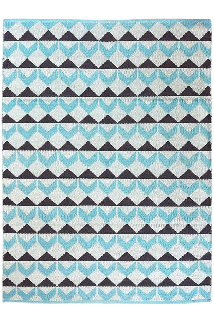 Kilim rug with a striped pattern of zigzag arcs and triangles in turquoise, white, and dark brown