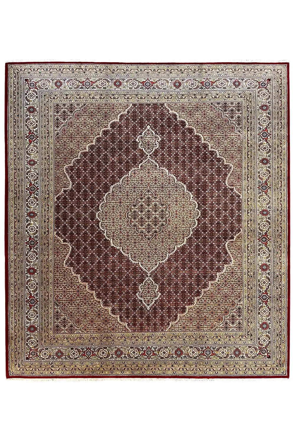 Rug, square design with a central medallion and brown and cream border