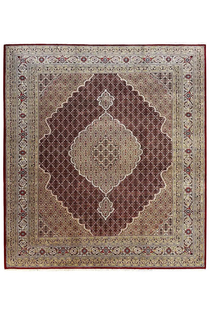 Rug, square design with a central medallion and brown and cream border
