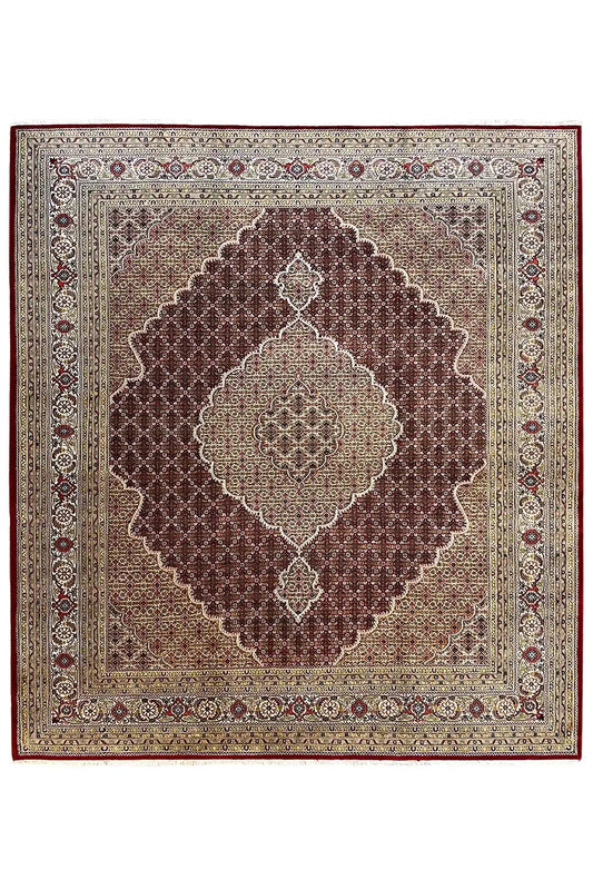 Rug, square design with a central medallion and brown and cream border