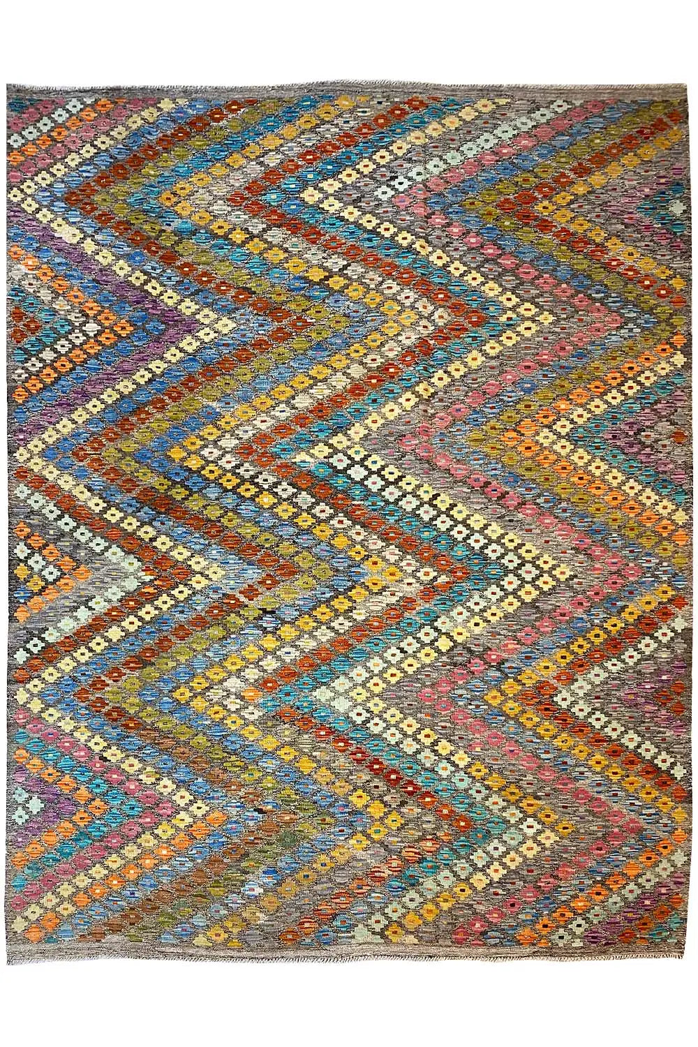 Afghan kilim overall view, geometric grid in blue, yellow, red, purple and gray