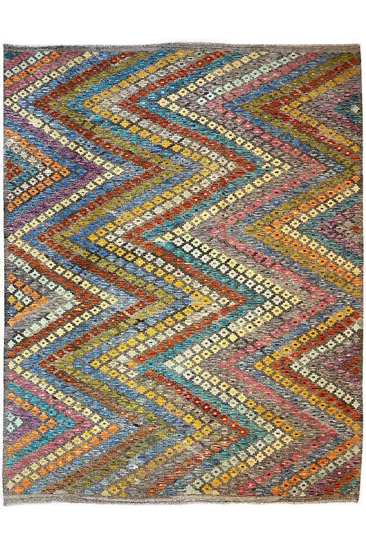 Afghan kilim overall view, geometric grid in blue, yellow, red, purple and gray