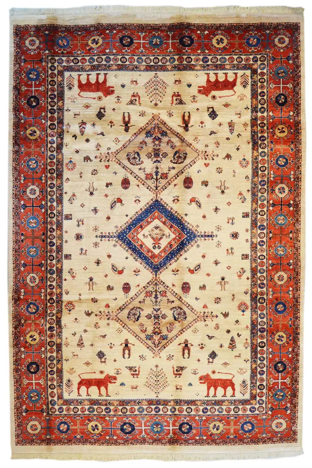 Qashqai exclusive rug with a red border, blue-and-white ornaments, and a central medallion