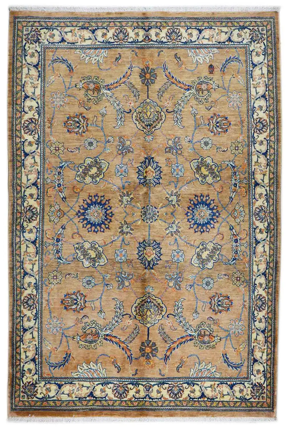 Rug with a beige field, blue-and-gold floral ornaments, and a decorative border