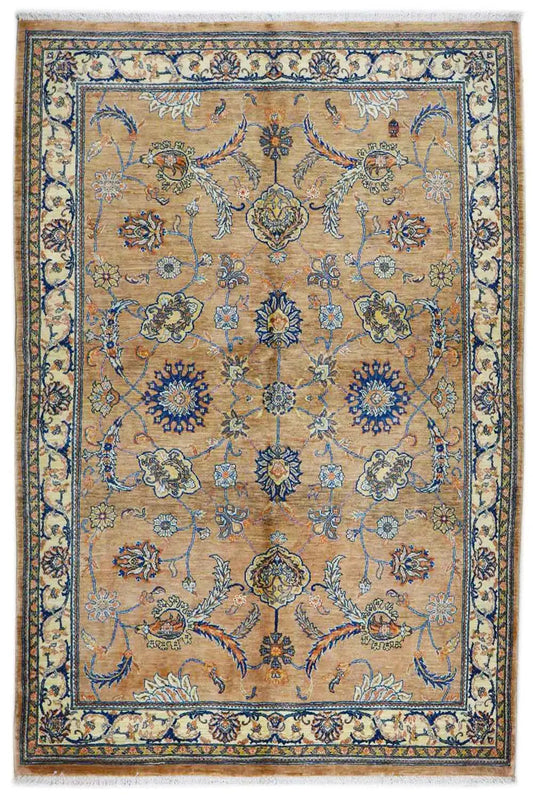 Rug with a beige field, blue-and-gold floral ornaments, and a decorative border