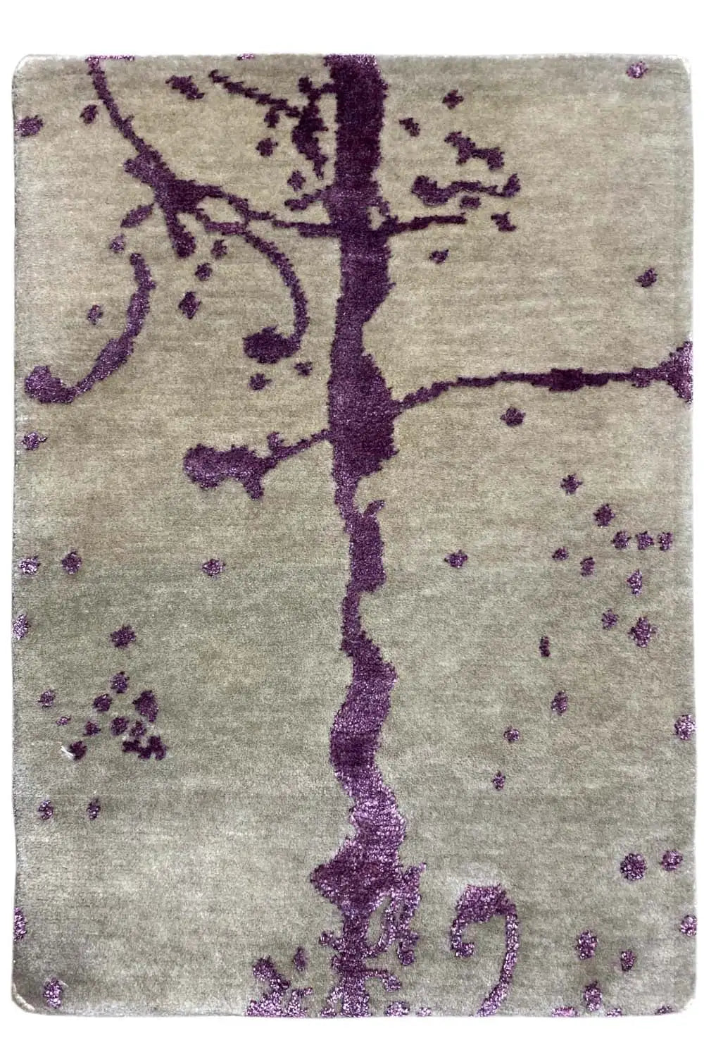 Designer rug with a purple line pattern on a beige background, rectangular