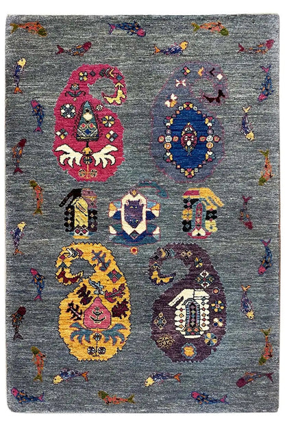 Gabbeh Lori rug, rectangular, blue-gray with colorful figures and border