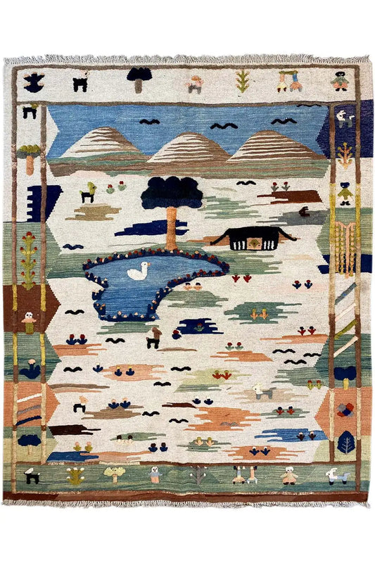 Kilim Qashqai rug with a landscape design in the central section and a decorative border, fringes