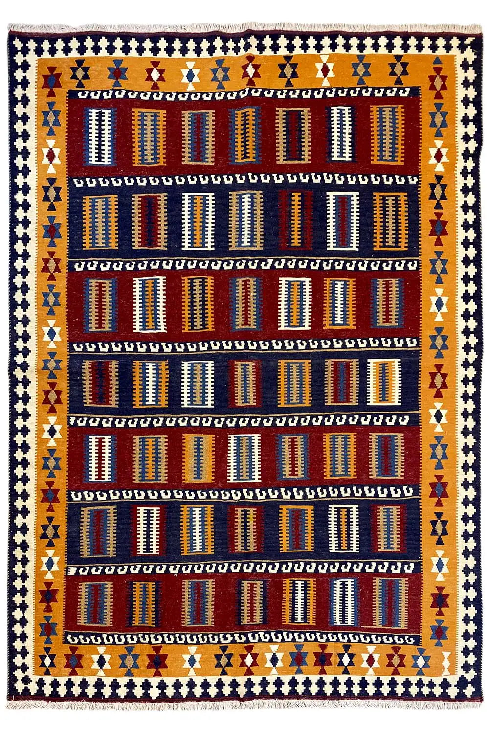 Oriental rug with a diamond and bar pattern in blue, red and yellow, square cut