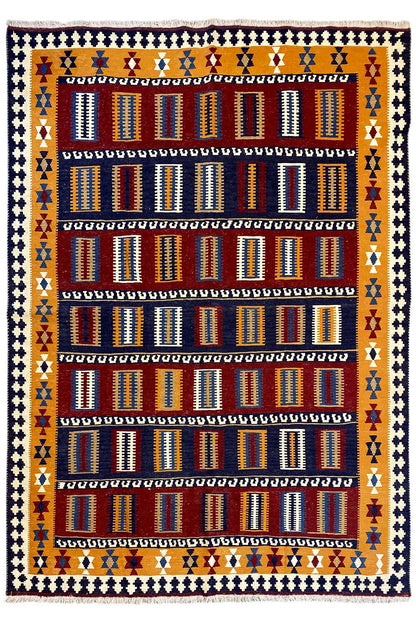 Oriental rug with a diamond and bar pattern in blue, red and yellow, square cut