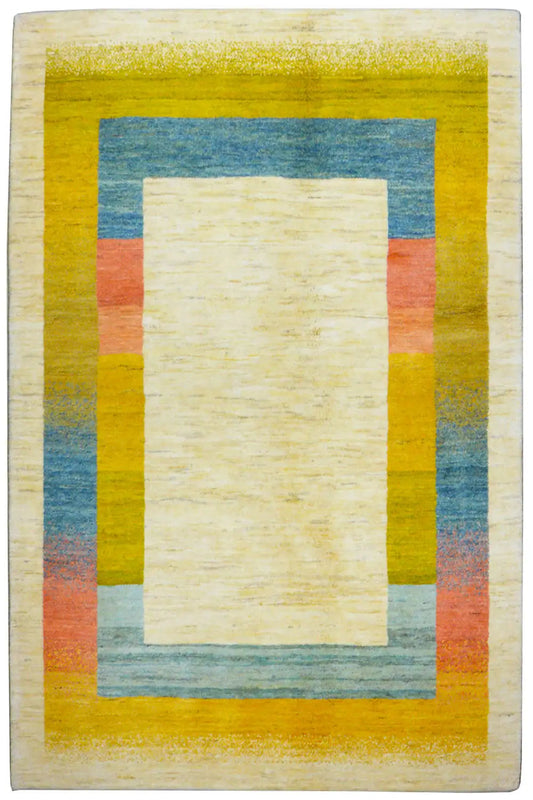 Rectangular Gabbeh rug with a multicolored geometric border in yellow, blue, red, and beige.