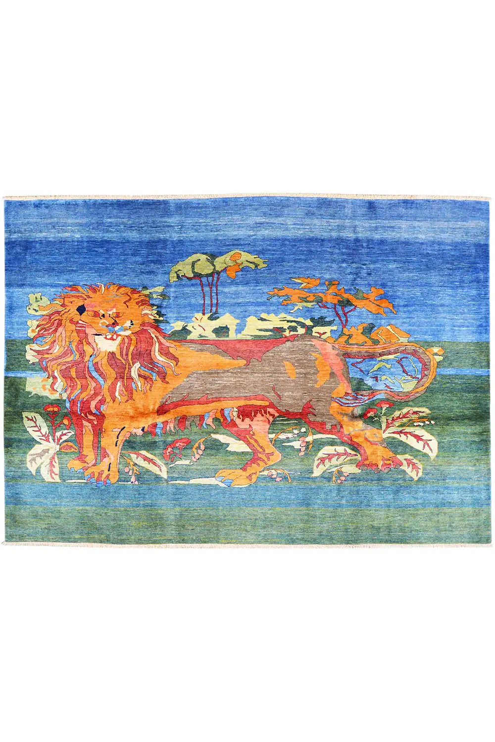 Rectangular rug with a blue background and a colorful lion motif in a landscape style