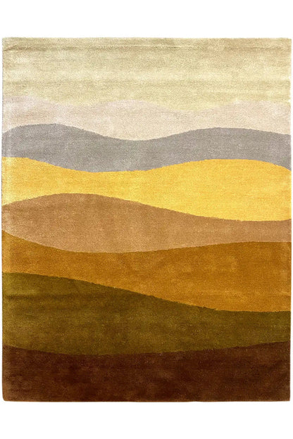 Hand-tufted rug 150x200 cm with wavy stripes in beige, yellow, gray, and brown