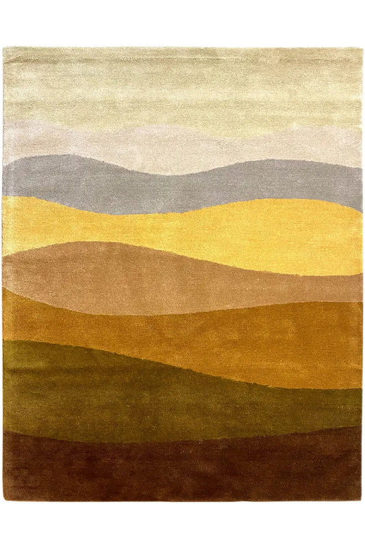 Hand-tufted rug 150x200 cm with wavy stripes in beige, yellow, gray, and brown