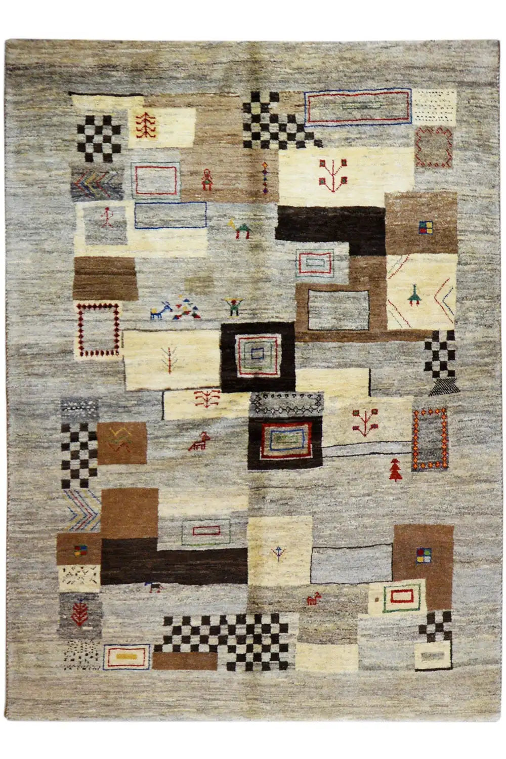 Gabbeh rug with a geometric patchwork pattern in beige, gray, and brown, rectangular