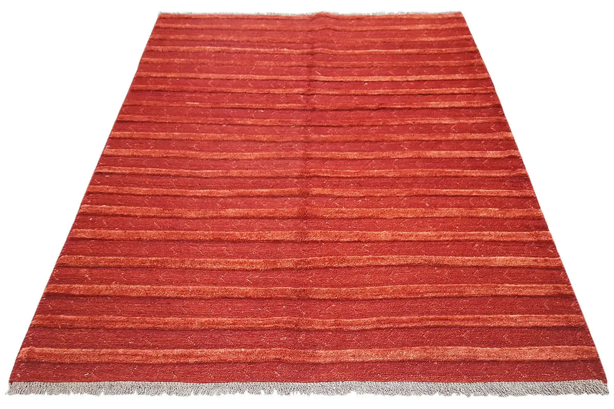 Gabbeh rug 196x147 cm with red stripes and a short pile, fringes along the edges