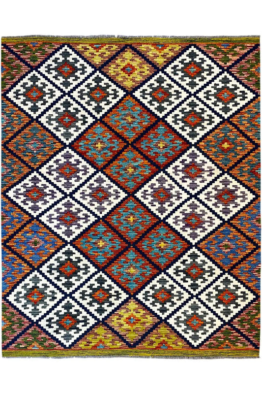 Kilim rug (200x152 cm) with diamond and lozenge patterns