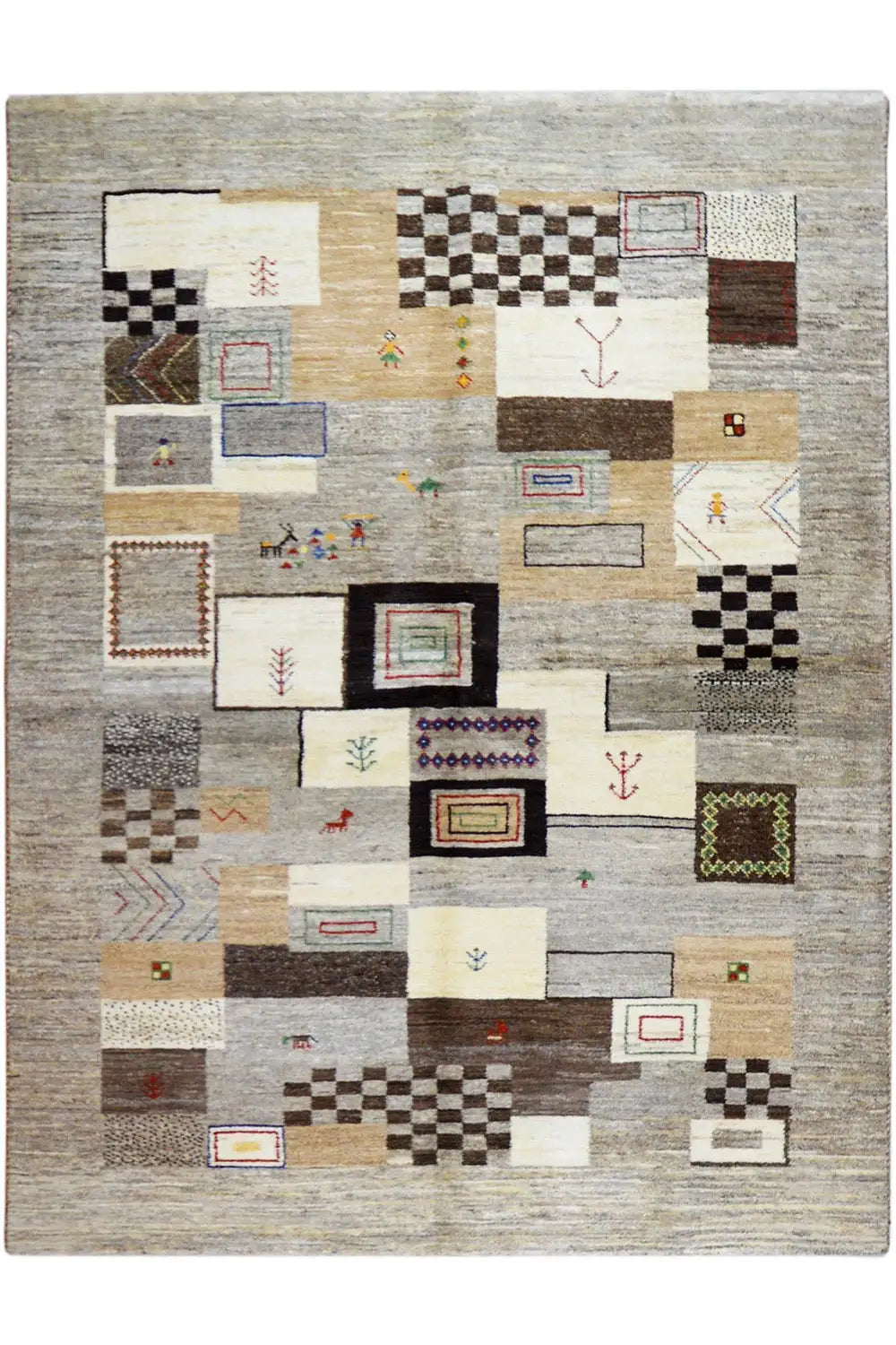 Gabbeh rug, rectangular, light gray/cream with colorful squares and ornaments