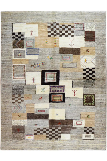 Gabbeh rug, rectangular, light gray/cream with colorful squares and ornaments