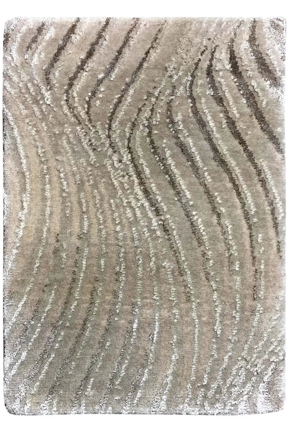 Light gray rug with woven wavy lines and a short pile