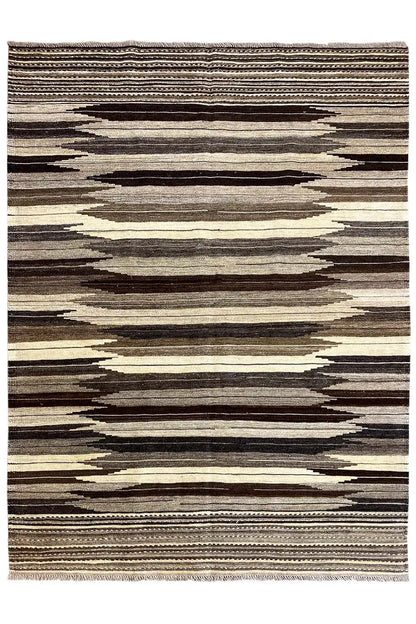 Kilim Qashqai rug, framed zigzag and striped pattern in gray, beige, and brown