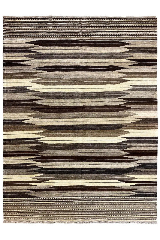 Kilim Qashqai rug, framed zigzag and striped pattern in gray, beige, and brown