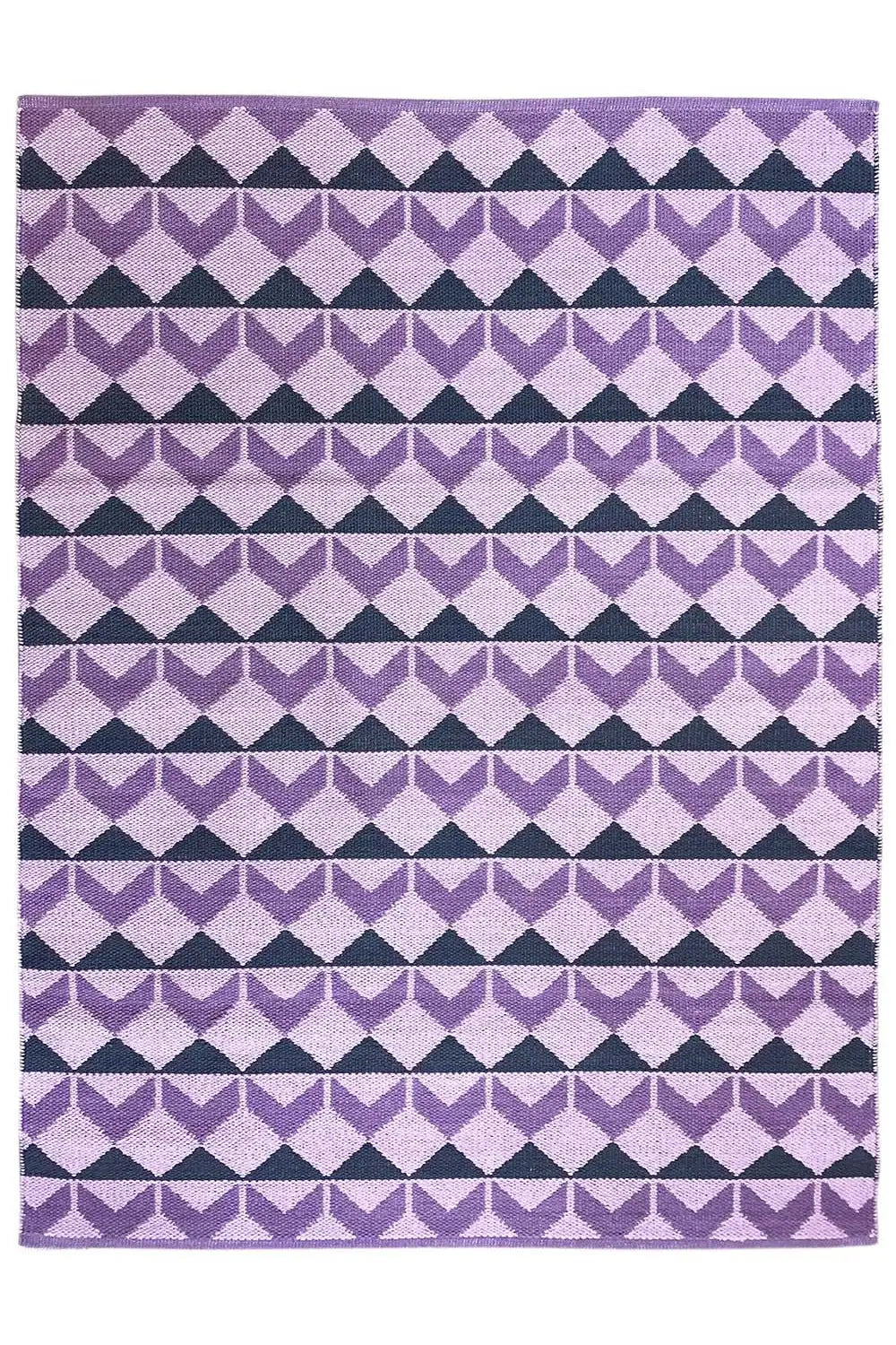 Rectangular kilim with a purple, white, and dark blue geometric pattern