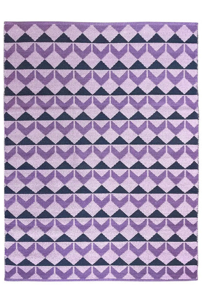 Rectangular kilim with a purple, white, and dark blue geometric pattern