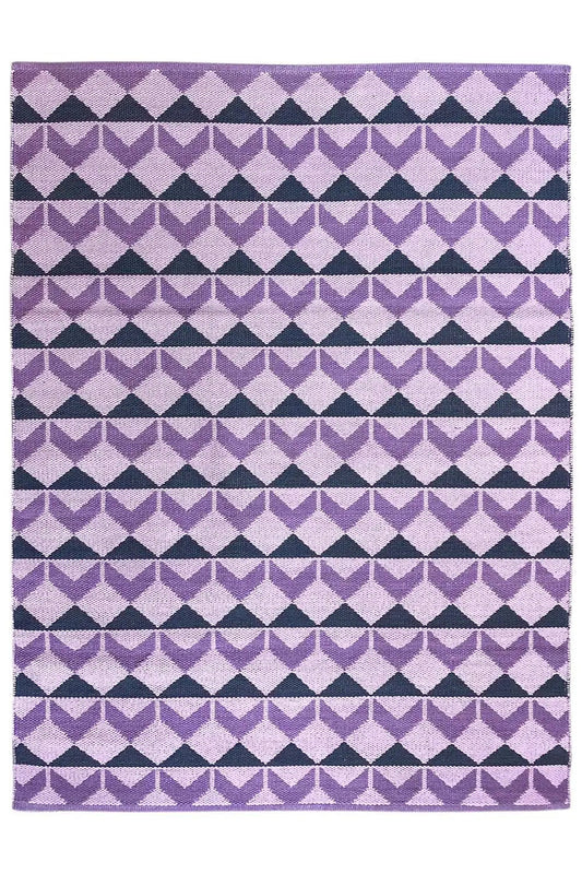 Rectangular kilim with a purple, white, and dark blue geometric pattern