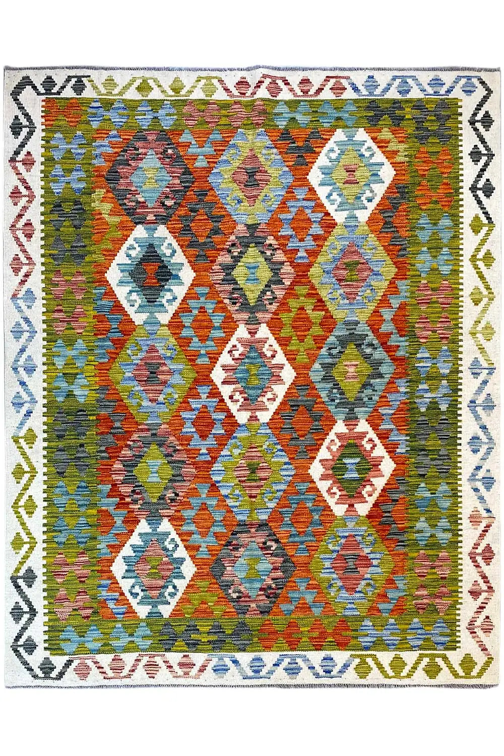 Afghan kilim 200×150 cm with a geometric diamond pattern and surrounding border