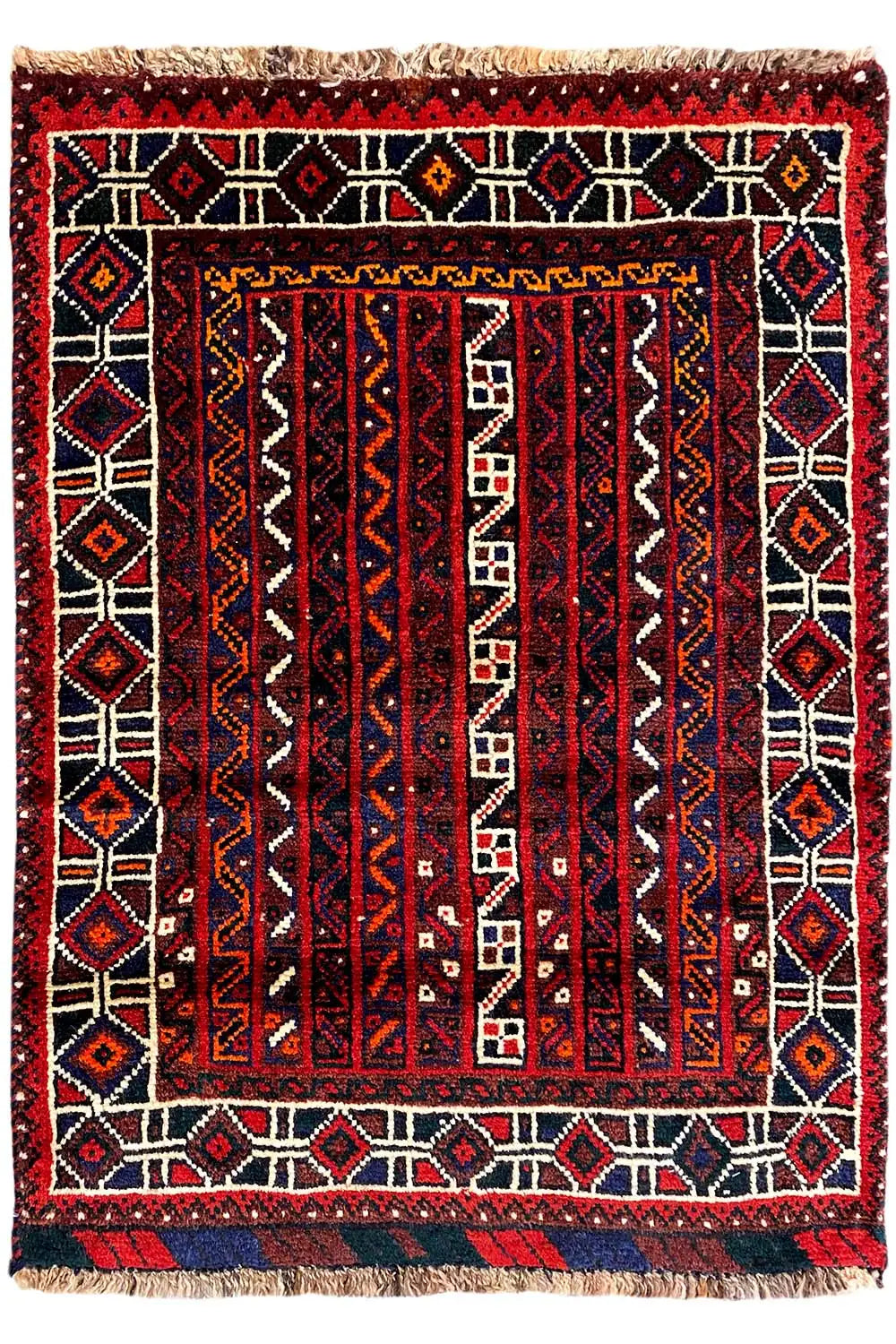 Carpet with a red striped pattern, central border, and geometric white/blue diamonds