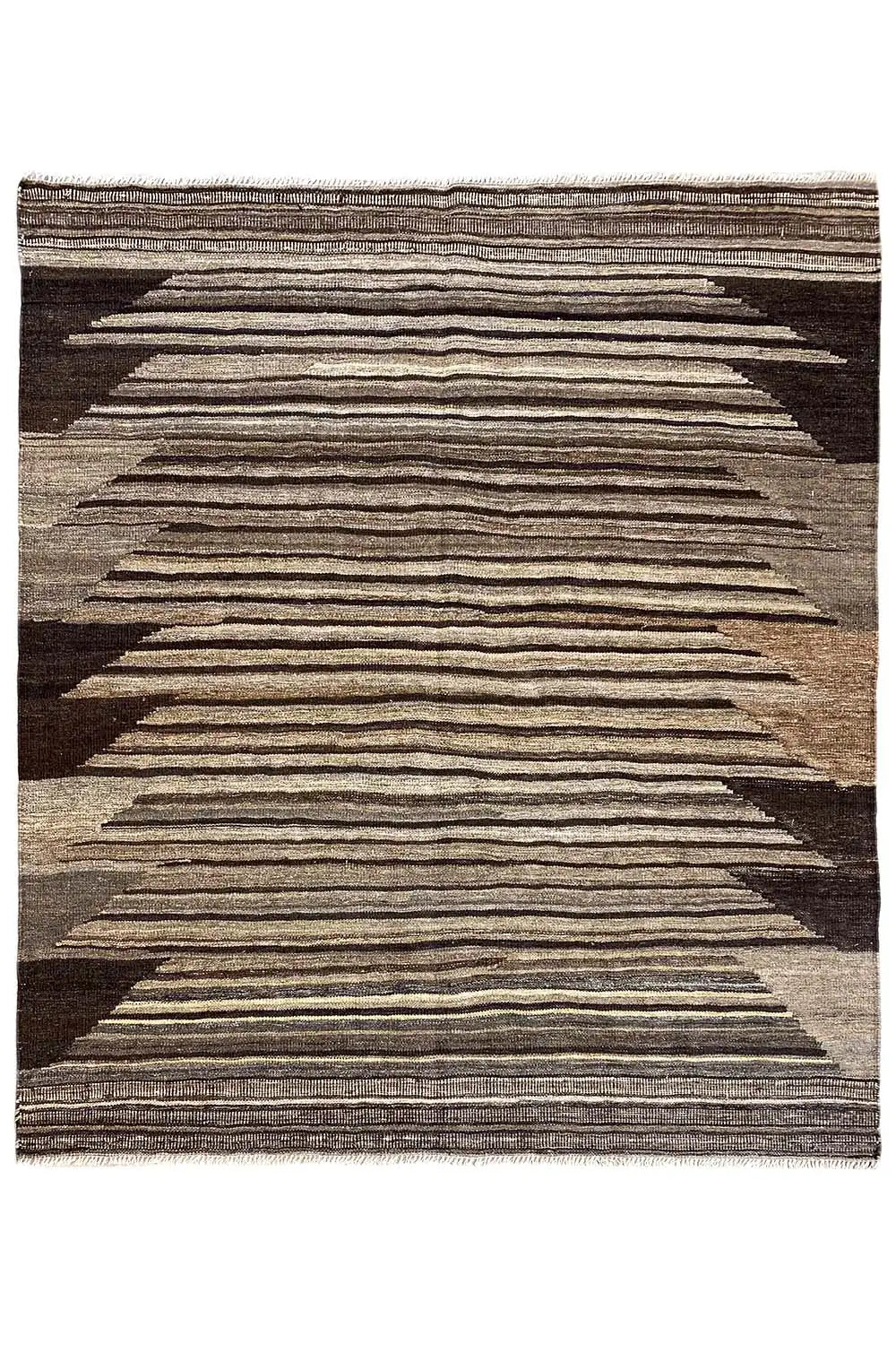 Kilim rug with a rectangular shape and striped lines, beige and dark brown tones