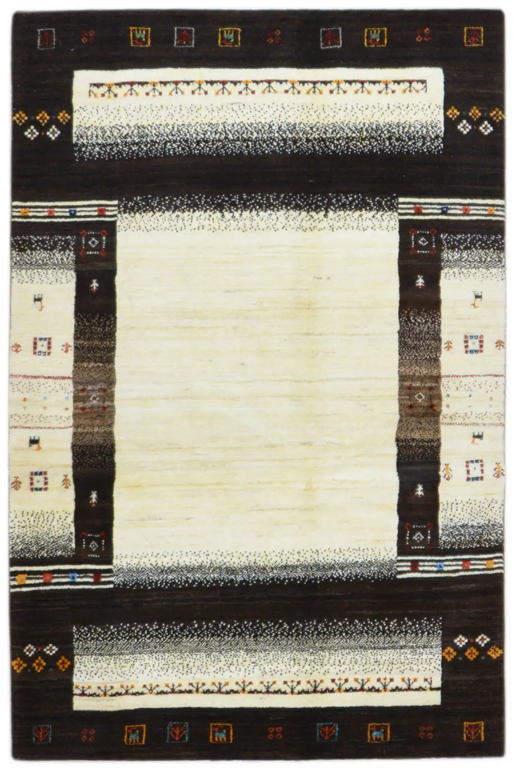 Gabbeh rug with a dark border, a cream-colored central area, and decorative trim